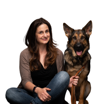 Jill Hinton Wolfe with German Shepherd guide dog.